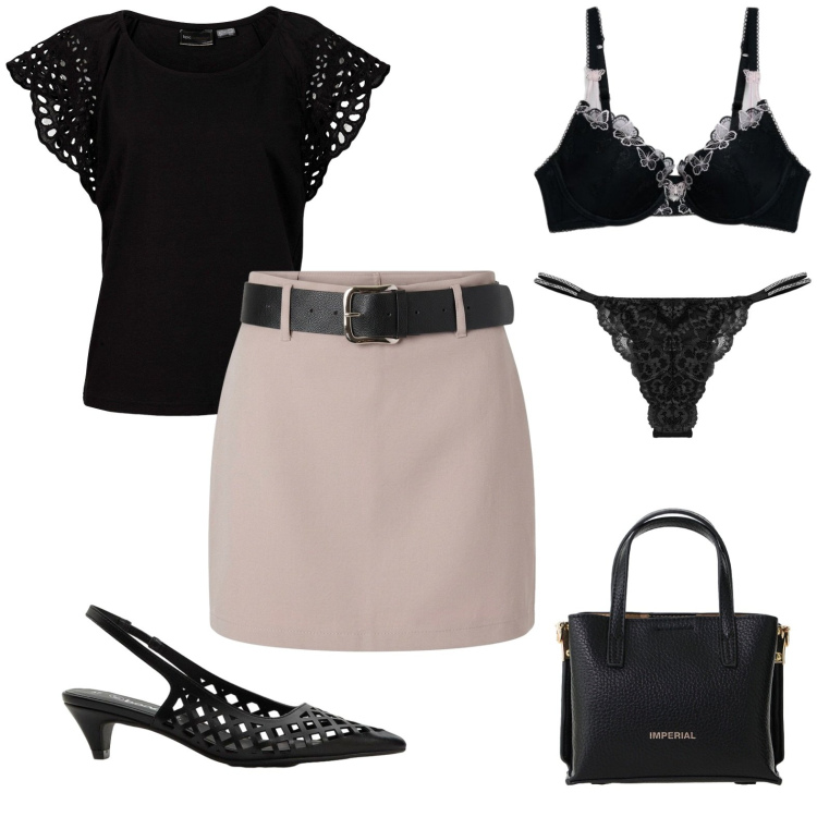 Outfit donna - Estate in ufficio. Stile Urban per Ufficio. Abbinamento con bluse, décolleté, perizomi, reggiseni push-up, minigonne, borse a tracolla.