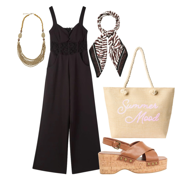 Outfit donna - Giugno. Stile Trendy per Tutti i giorni. Abbinamento con zeppe, tute, borse tote, foulard, collane.