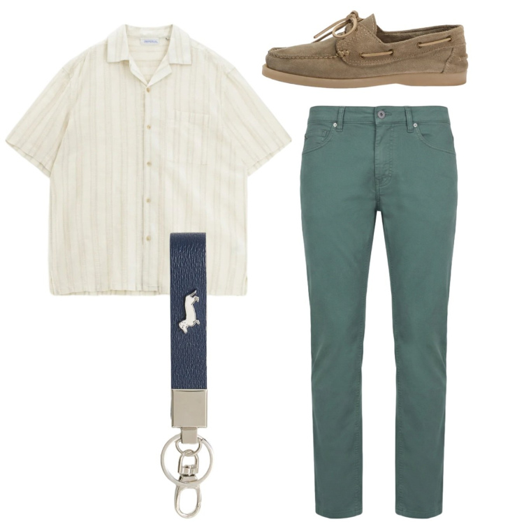 Outfit uomo - Total look. Stile Casual per Tutti i giorni. Abbinamento con camicie a manica corta, portachiavi, pantaloni, scarpe stringate.