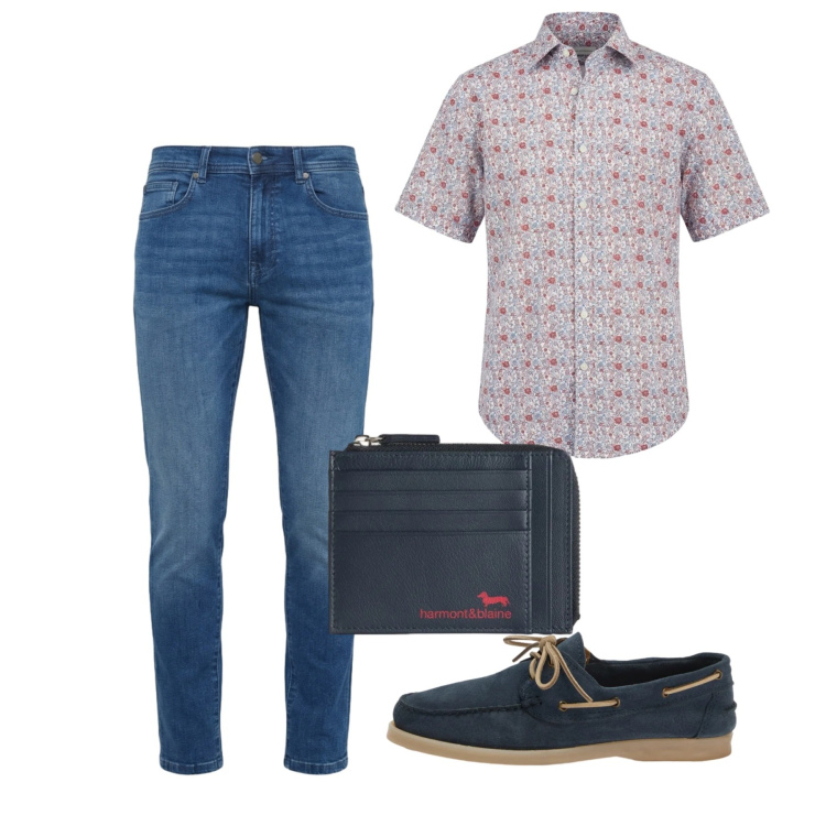 Outfit uomo - Maggio. Stile Casual per Tutti i giorni. Abbinamento con portamonete, camicie a manica corta, scarpe stringate, jeans slim fit.