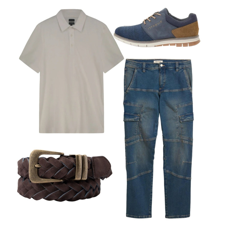 Outfit uomo - Total look. Stile Casual per Tutti i giorni. Abbinamento con scarpe stringate, jeans dritti, polo, cinture.