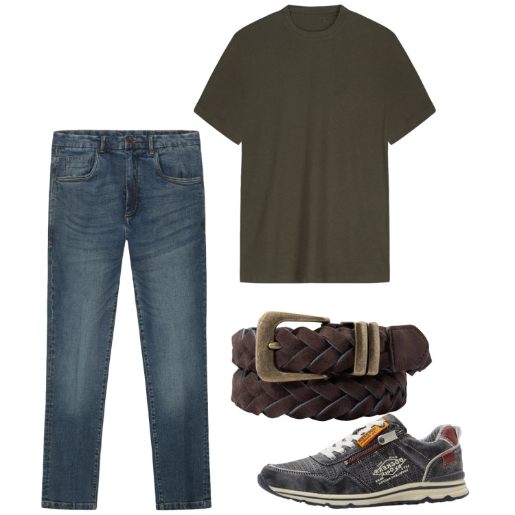 Outfit uomo - Maggio. Stile Casual per Tutti i giorni. Abbinamento con sneakers, t-shirt, jeans, cinture.