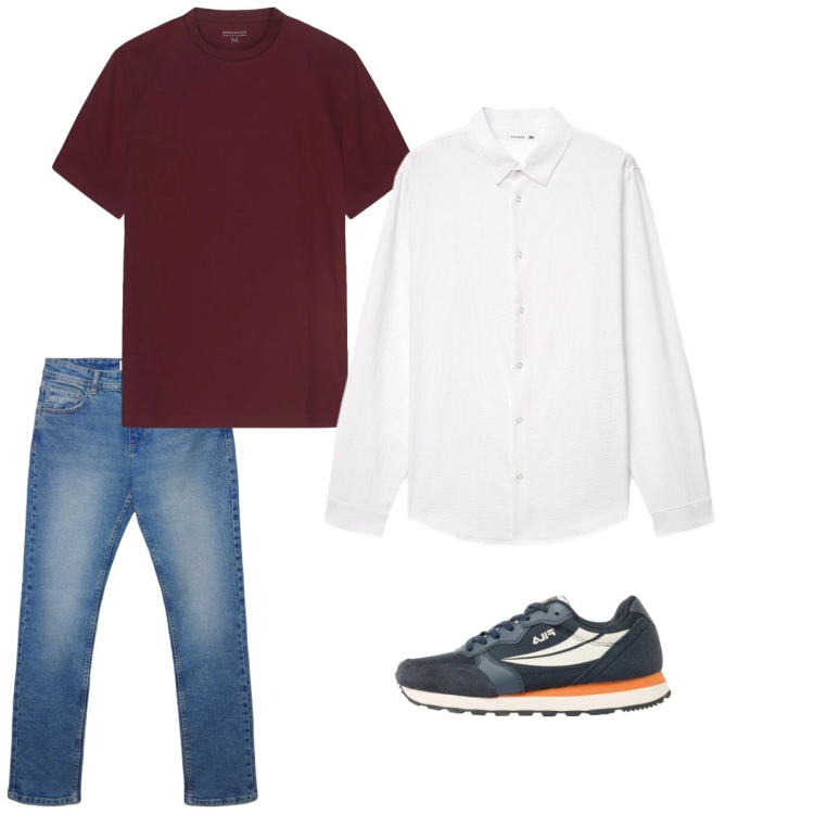 Outfit uomo - Maggio. Stile Casual per Tutti i giorni. Abbinamento con sneakers, jeans dritti, camicie, t-shirt.