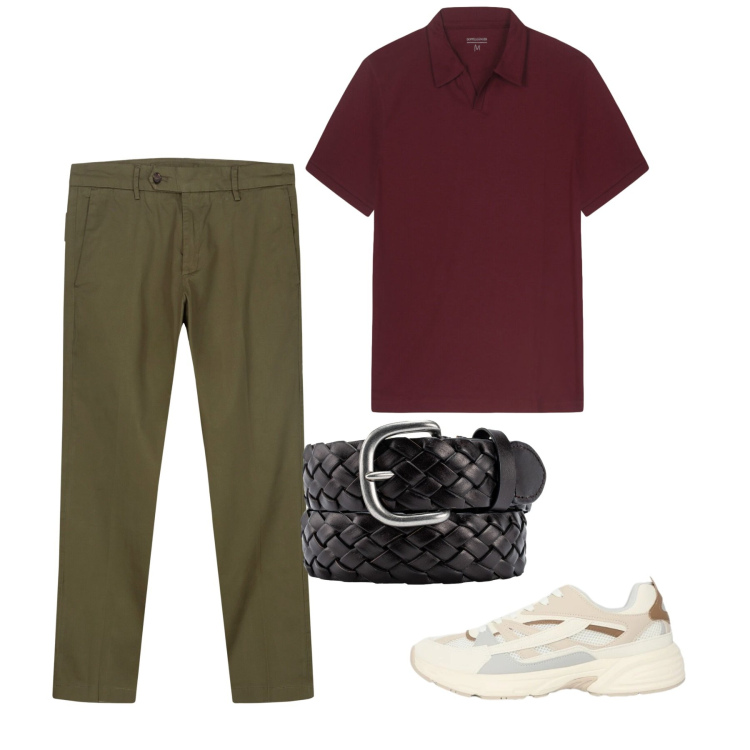 Outfit uomo - Maggio. Stile Casual per Tutti i giorni. Abbinamento con sneakers, pantaloni chino, polo, cinture.