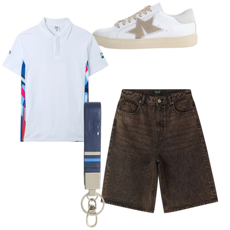 Outfit uomo - Total look. Stile Casual per Tutti i giorni. Abbinamento con polo, bermuda, sneakers, portachiavi.