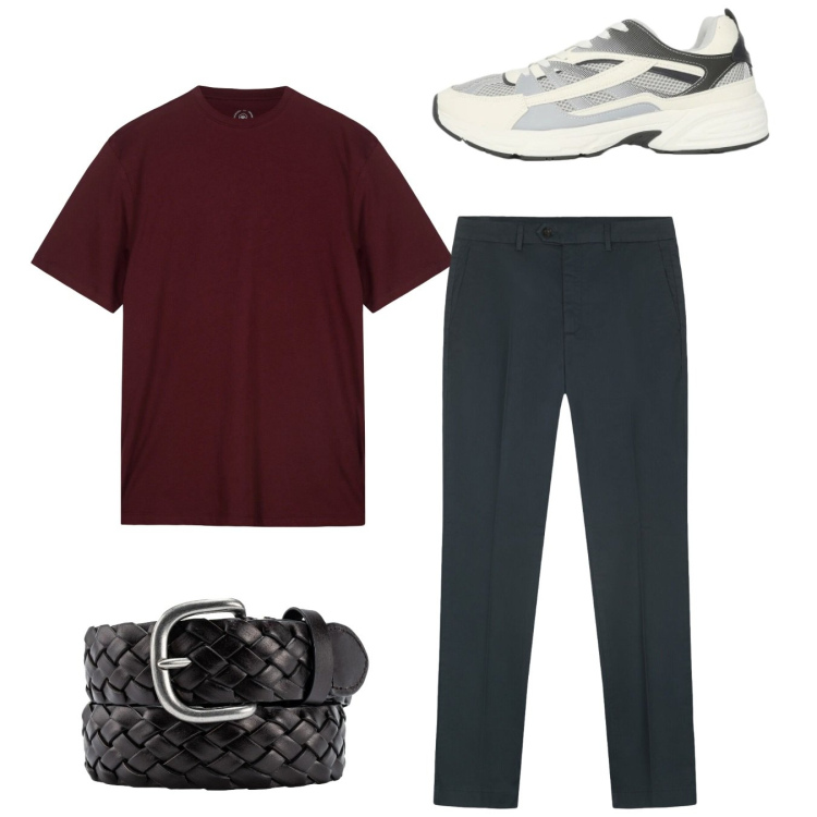 Outfit uomo - Total look. Stile Casual per Tutti i giorni. Abbinamento con sneakers, t-shirt, cinture, pantaloni.