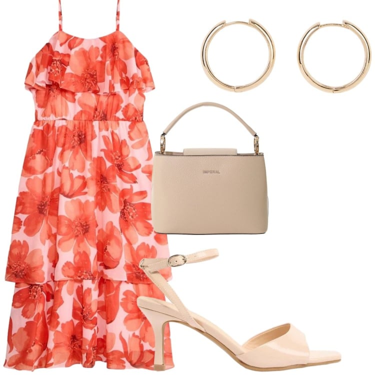 Outfit donna - Serate. Stile Chic per Serata fuori. Abbinamento con sandali col tacco, orecchini, vestiti, borse a secchiello.