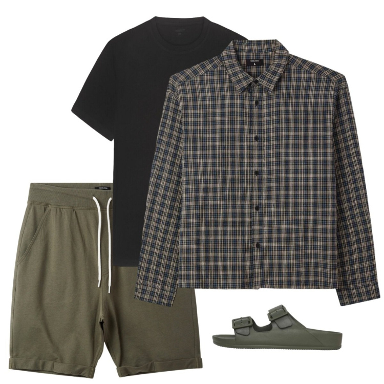 Outfit uomo - Maggio. Stile Casual per Tutti i giorni. Abbinamento con pantaloni corti, camicie, sandali, t-shirt.