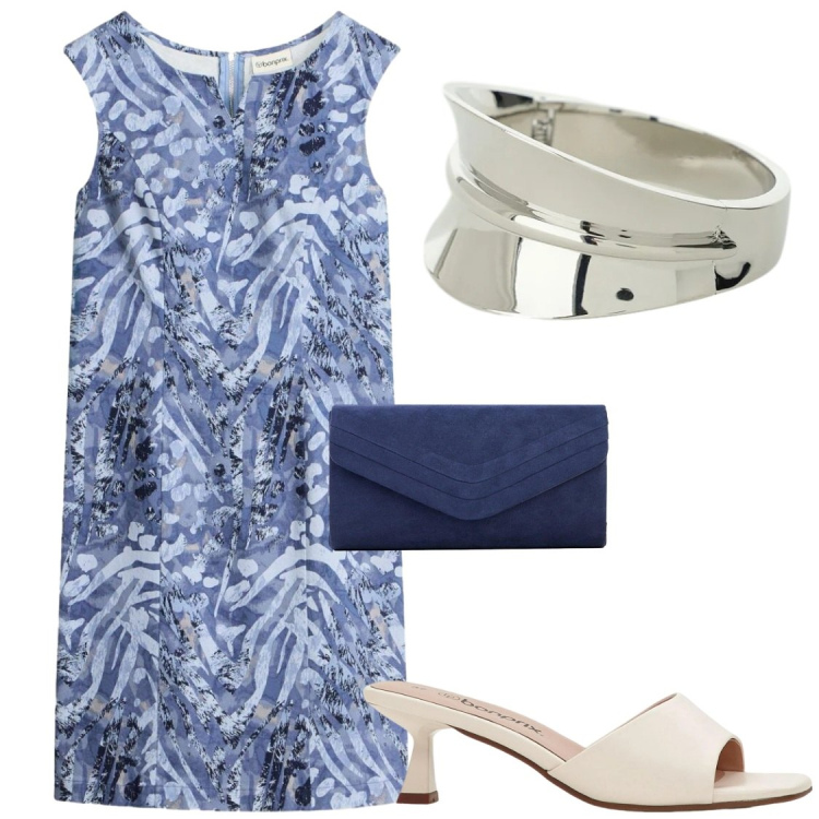 Outfit donna - Tubino estivo. Stile Bon Ton per Serata fuori. Abbinamento con ciabatte, clutch, vestiti a tubino, braccialetti.
