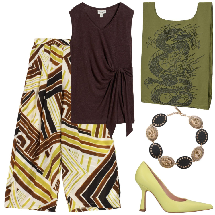 Outfit donna - Quel tocco esotico. Stile Etnico per Tutti i giorni. Abbinamento con décolleté, canottiere, cinture, pantaloni a palazzo, shopping bag.