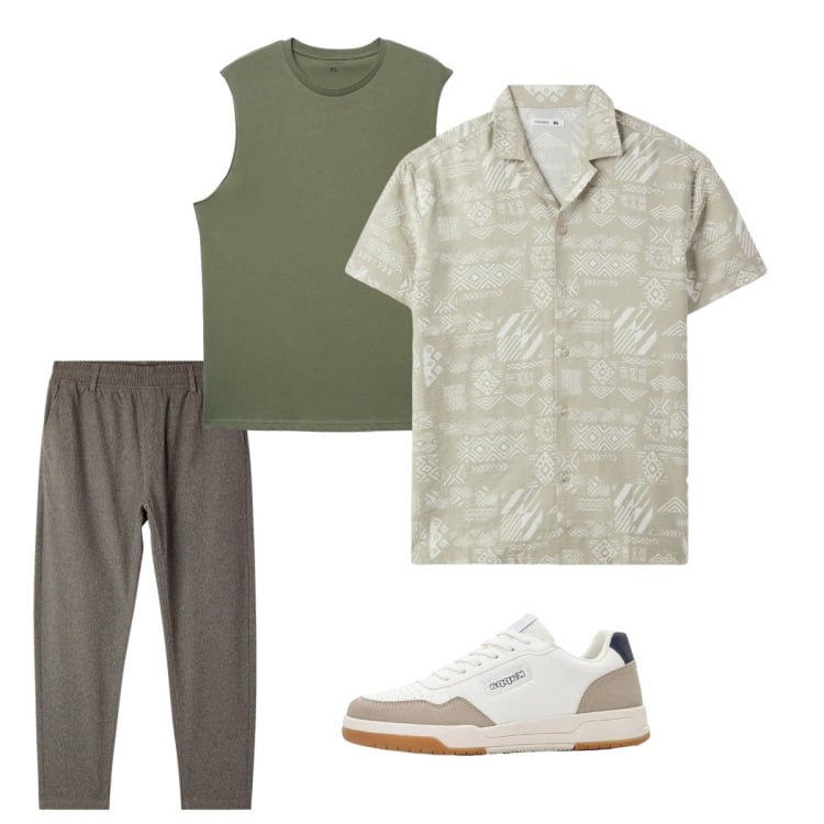 Outfit uomo - Maggio. Stile Casual per Tutti i giorni. Abbinamento con sneakers, camicie a manica corta, pantaloni, canottiere.
