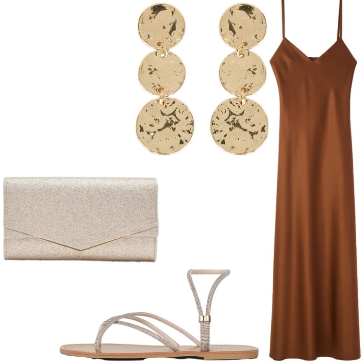 Outfit donna - Guarda la scollatura di dietro. Stile Glamour per Serata fuori. Abbinamento con vestiti lunghi, sandali, clutch, orecchini.