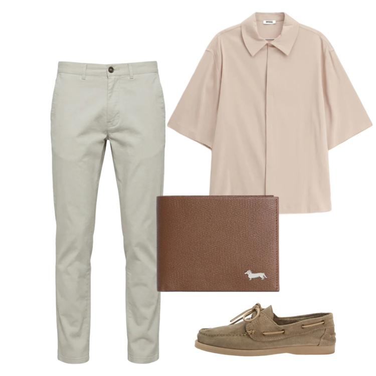 Outfit uomo - Maggio. Stile Casual per Tutti i giorni. Abbinamento con camicie a manica corta, portafogli, scarpe stringate, pantaloni.