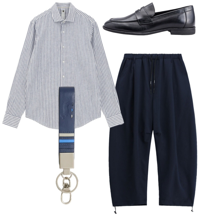 Outfit uomo - Total look. Stile Casual per Tutti i giorni. Abbinamento con camicie, pantaloni, portachiavi, scarpe stringate.