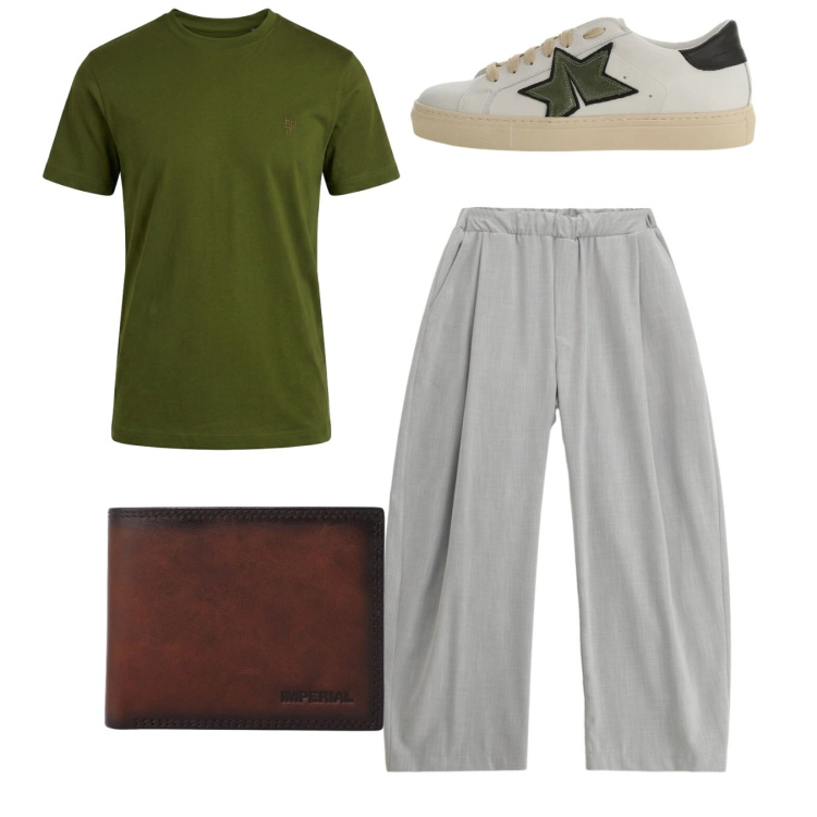Outfit uomo - Total look. Stile Casual per Tutti i giorni. Abbinamento con pantaloni, sneakers, portafogli, t-shirt.