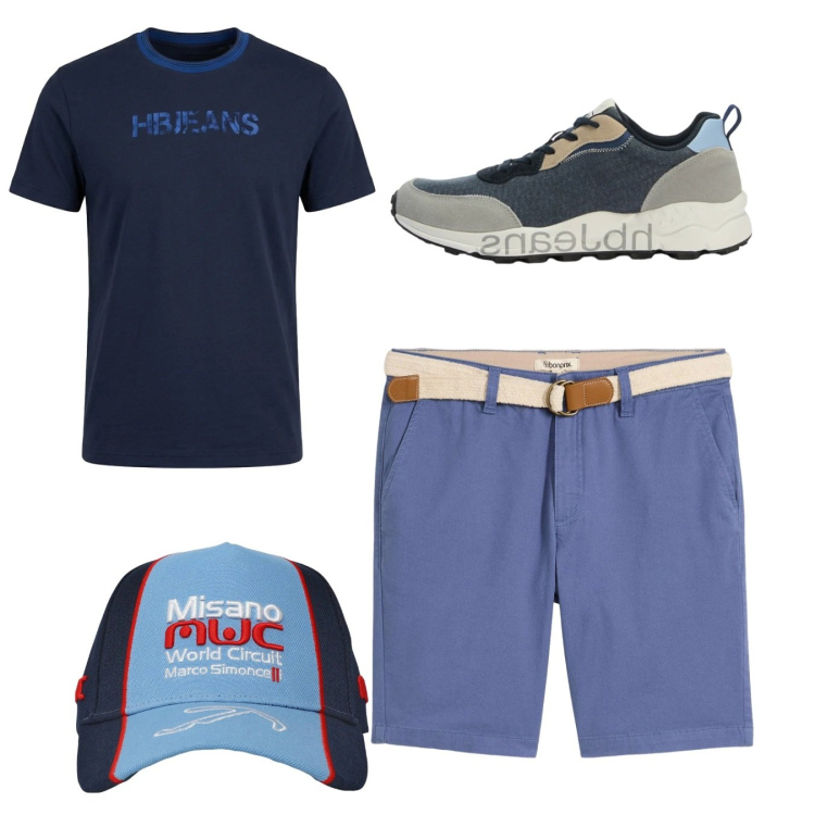 Outfit uomo - Total look. Stile Casual per Tutti i giorni. Abbinamento con bermuda, cappelli, t-shirt, sneakers.