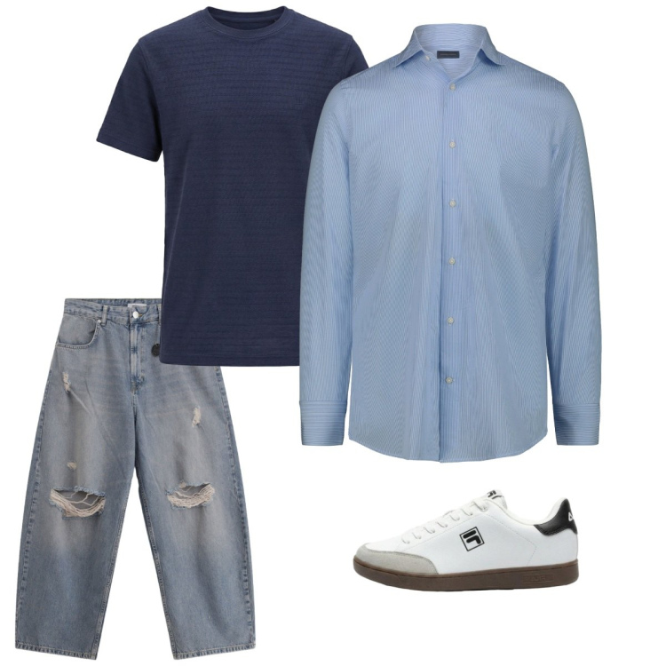 Outfit uomo - Maggio. Stile Casual per Tutti i giorni. Abbinamento con sneakers, jeans strappati, t-shirt, camicie.