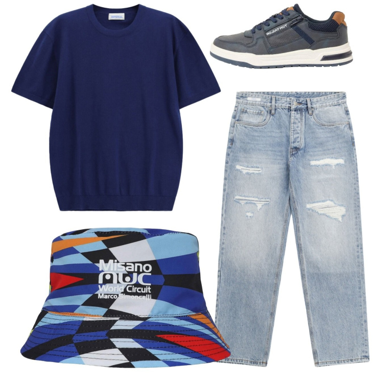 Outfit uomo - Total look. Stile Casual per Tutti i giorni. Abbinamento con sneakers, cappelli, jeans strappati, t-shirt.