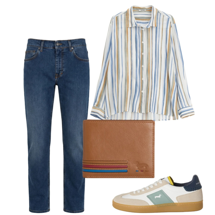 Outfit uomo - Maggio. Stile Casual per Tutti i giorni. Abbinamento con camicie, jeans, portafogli, sneakers.