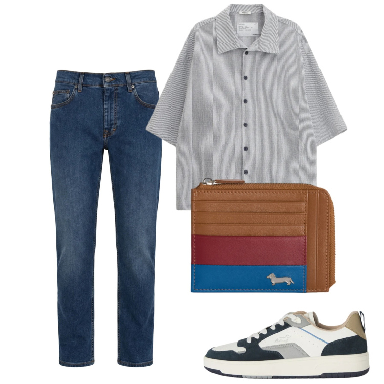 Outfit uomo - Maggio. Stile Casual per Tutti i giorni. Abbinamento con camicie a manica corta, jeans, portamonete, sneakers.
