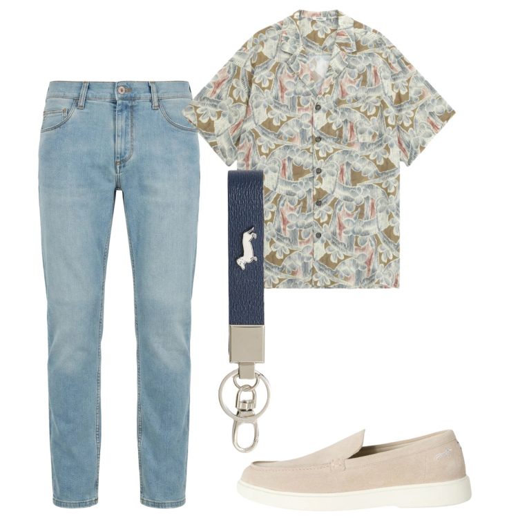 Outfit uomo - Maggio. Stile Casual per Tutti i giorni. Abbinamento con camicie a manica corta, jeans slim fit, scarpe stringate, portachiavi.