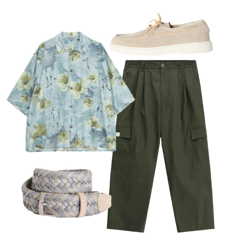 Outfit uomo - Total look. Stile Casual per Tutti i giorni. Abbinamento con camicie a manica corta, pantaloni cargo, cinture, scarpe stringate.
