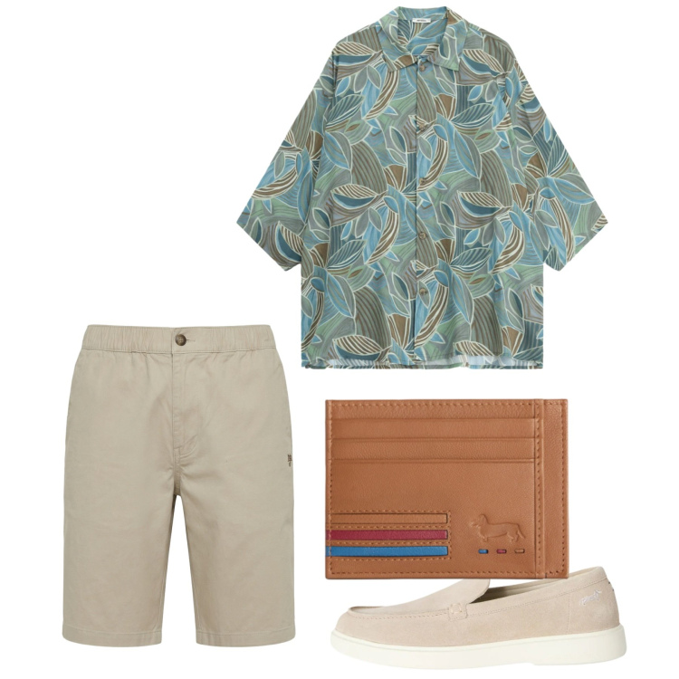 Outfit uomo - Maggio. Stile Casual per Tutti i giorni. Abbinamento con camicie a manica corta, scarpe stringate, portafogli, bermuda.