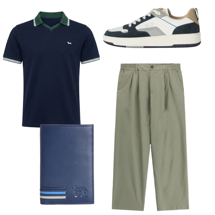 Outfit uomo - Total look. Stile Casual per Tutti i giorni. Abbinamento con pantaloni, portafogli, sneakers, polo.