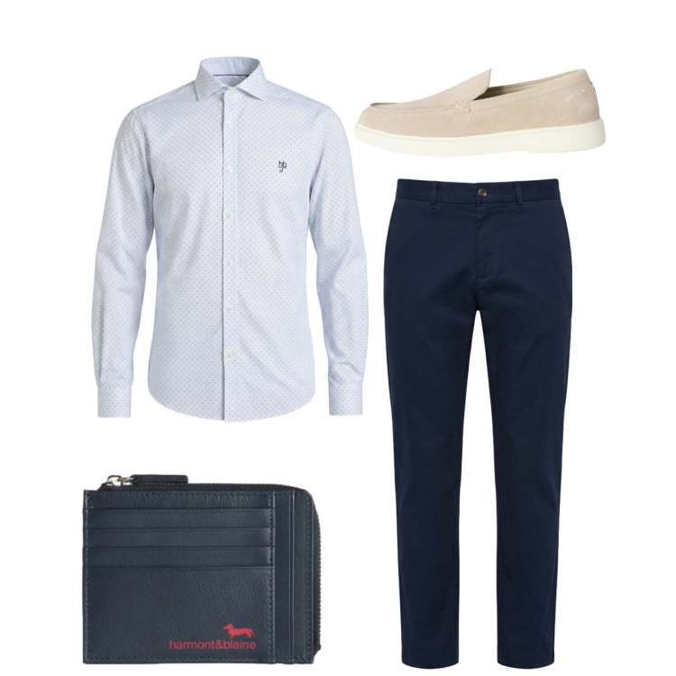 Outfit uomo - Total look. Stile Casual per Tutti i giorni. Abbinamento con scarpe stringate, portamonete, camicie, pantaloni.