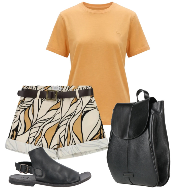 Outfit donna - Maggio. Stile Casual per Tutti i giorni. Abbinamento con zaini, sandali in pelle, t-shirt, shorts.