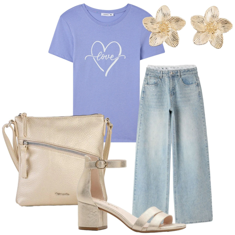 Outfit donna - Chic col glicine. Stile Casual chic per Serata fuori. Abbinamento con sandali col tacco, borse a tracolla, orecchini, t-shirt, jeans.