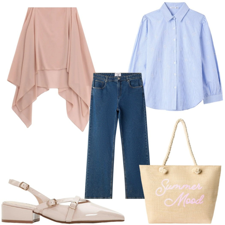 Outfit donna - Total look #2410388. Stile Casual chic per Tutti i giorni. Abbinamento con décolleté, borse tote, jeans dritti, camicie, cappe.