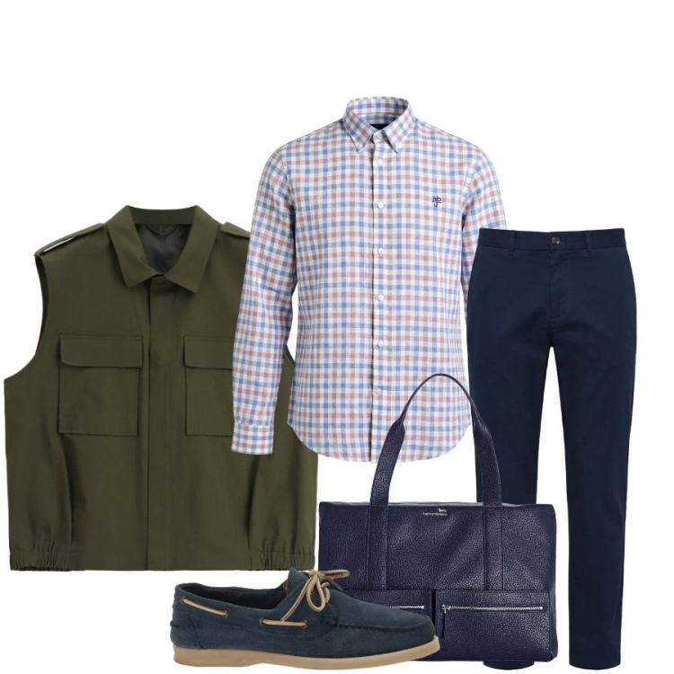 Outfit uomo - Total look #2410400. Stile Casual per Ufficio. Abbinamento con gilet, scarpe stringate, borse sportive, camicie, pantaloni.
