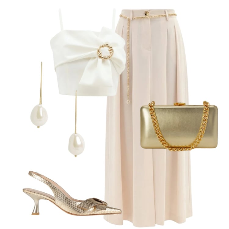 Outfit donna - Sposa al rinnovo della promessa. Stile Romantica per Cerimonia. Abbinamento con décolleté, top, gonne lunghe, orecchini, clutch.