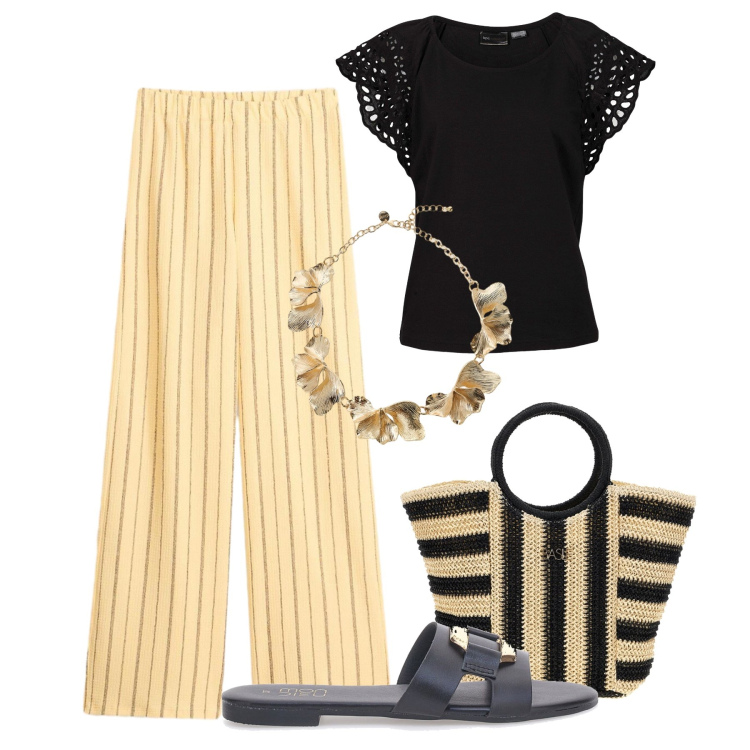 Outfit donna - Aperitivo in città. Stile Glamour per Tutti i giorni. Abbinamento con bluse, pantaloni, collane, ciabatte, borse a mano.
