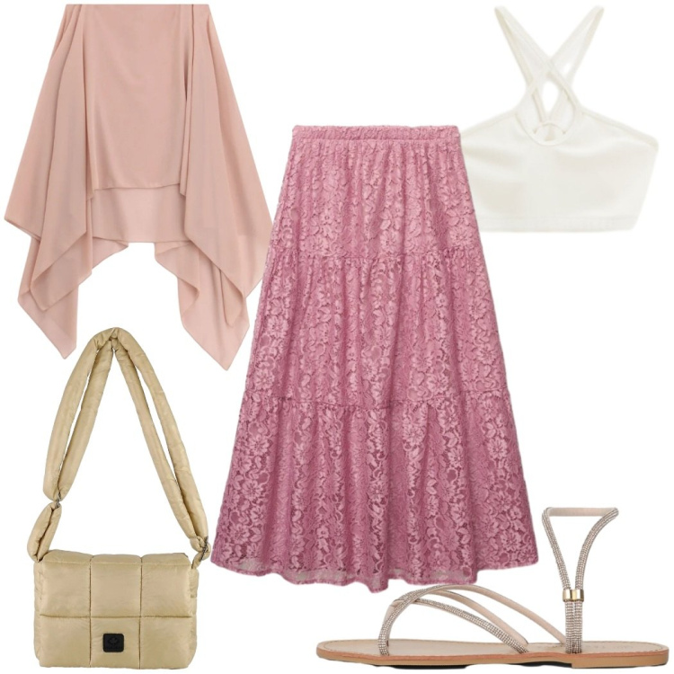 Outfit donna - Total look #2410409. Stile Boho per Tutti i giorni. Abbinamento con gonne lunghe, sandali, top, cappe, borse a spalla.