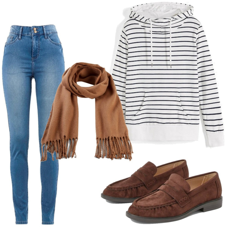 Outfit femme - Tendance #2832. Style Tendance pour Tous les jours. Assortir avec jean slim, sweats à capuche, écharpes, mocassins.