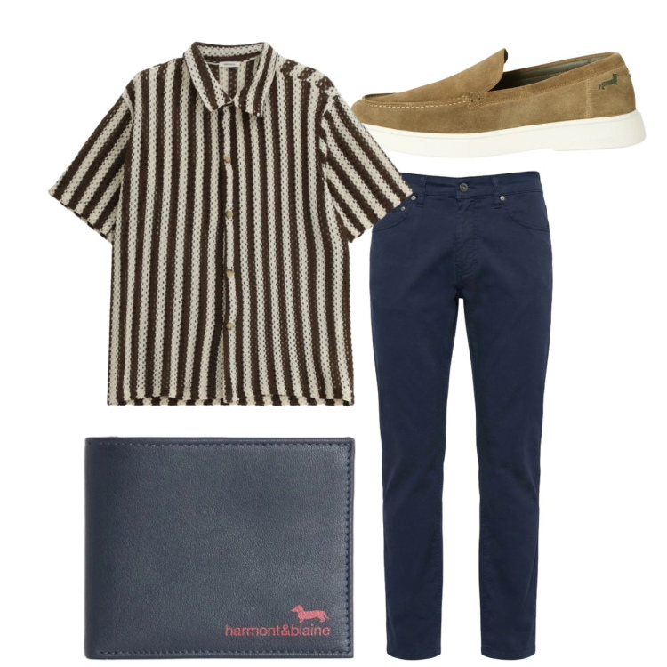 Outfit uomo - Total look. Stile Casual per Tutti i giorni. Abbinamento con camicie a manica corta, portafogli, pantaloni, scarpe stringate.