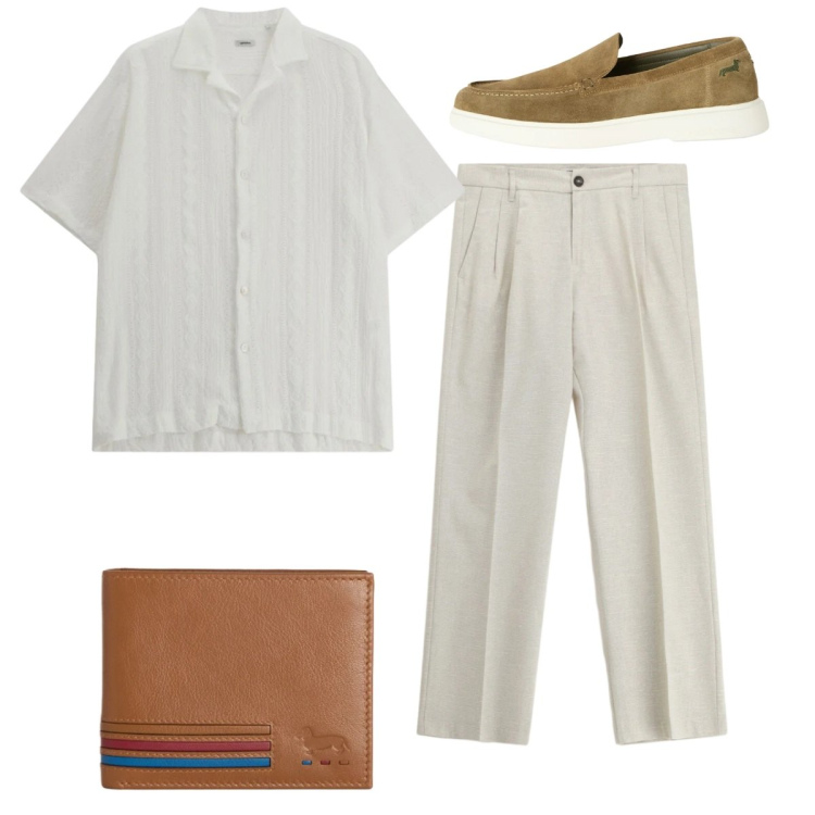 Outfit uomo - Total look. Stile Casual per Tutti i giorni. Abbinamento con pantaloni, camicie a manica corta, portafogli, scarpe stringate.