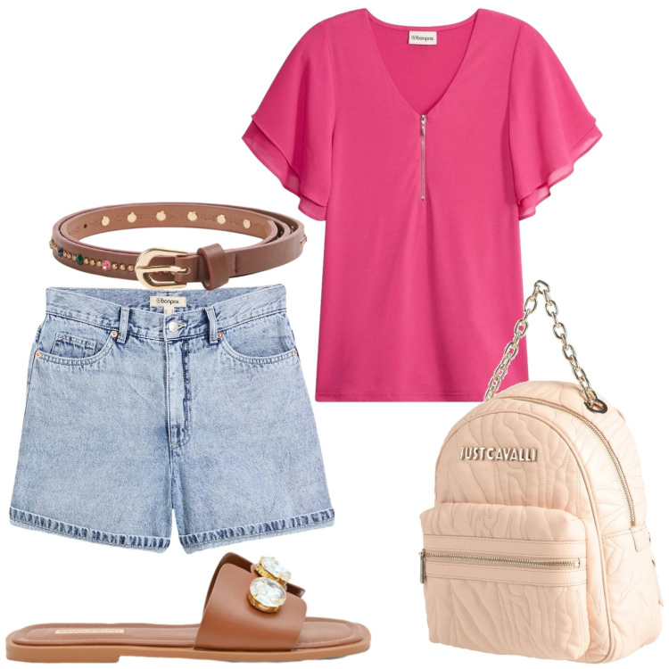Outfit donna - Look da giornata all’aperto. Stile Trendy per Tutti i giorni. Abbinamento con zaini, shorts, t-shirt, cinture, sandali gioiello.