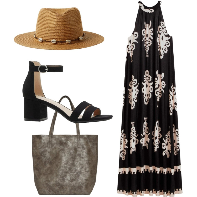 Outfit donna - Total look. Stile Casual per Tutti i giorni. Abbinamento con vestiti, sandali col tacco, shopping bag, cappelli.