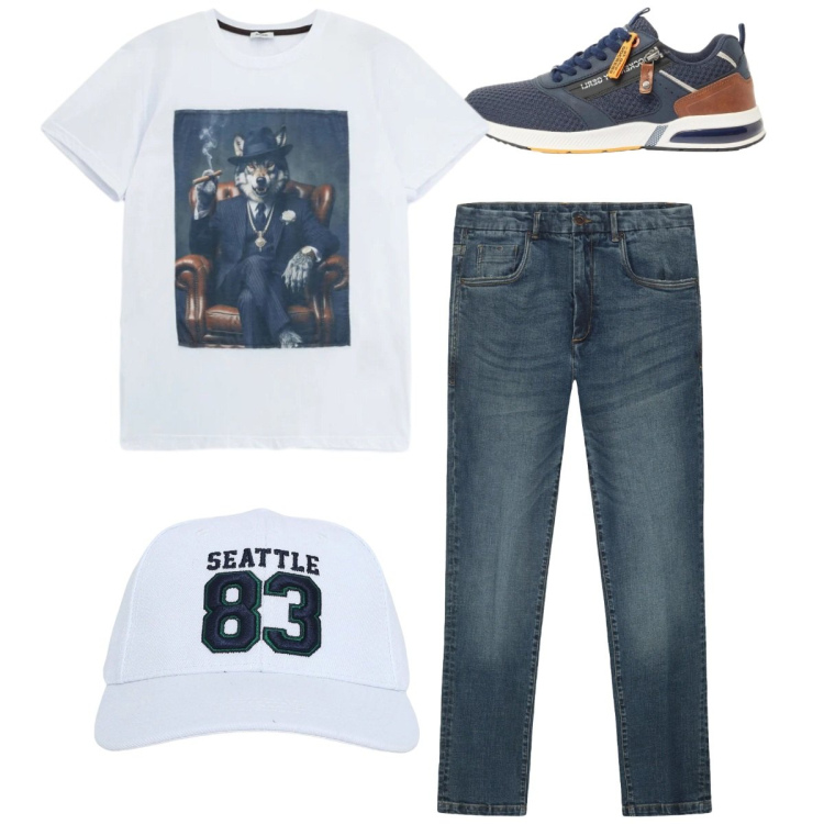 Outfit uomo - Total look. Stile Casual per Tutti i giorni. Abbinamento con sneakers, cappelli, t-shirt, jeans.