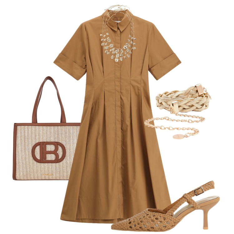Outfit donna - Estate in città H24. Stile Casual chic per Tutti i giorni. Abbinamento con cinture, décolleté, vestiti midi/longuette, collane, borse a spalla.