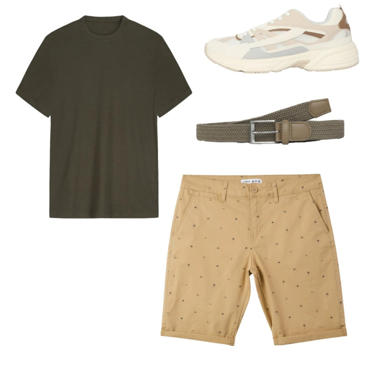 Outfit uomo - Total look. Stile Casual per Tutti i giorni. Abbinamento con pantaloni corti, cinture, sneakers, t-shirt.