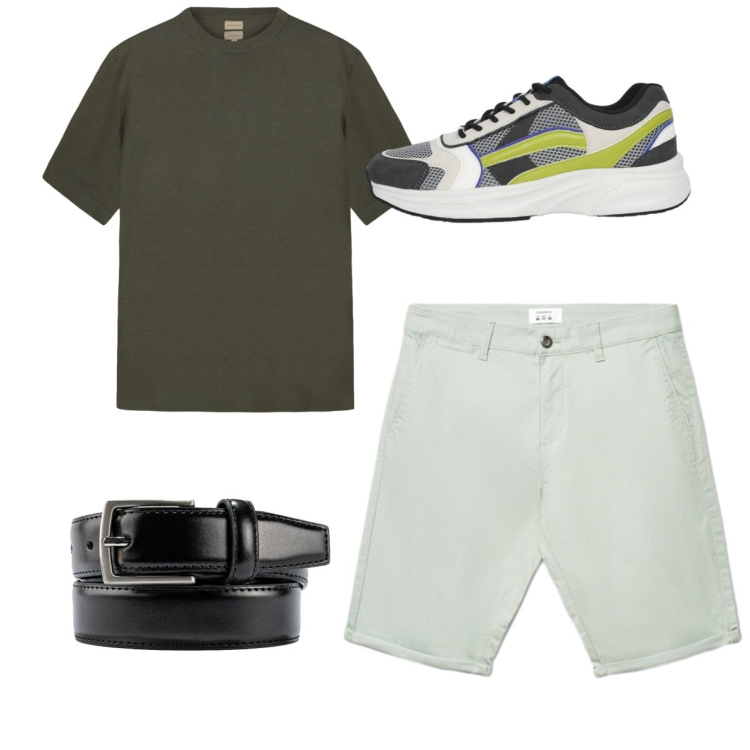Outfit uomo - Total look. Stile Casual per Tutti i giorni. Abbinamento con sneakers, shorts, cinture, t-shirt.