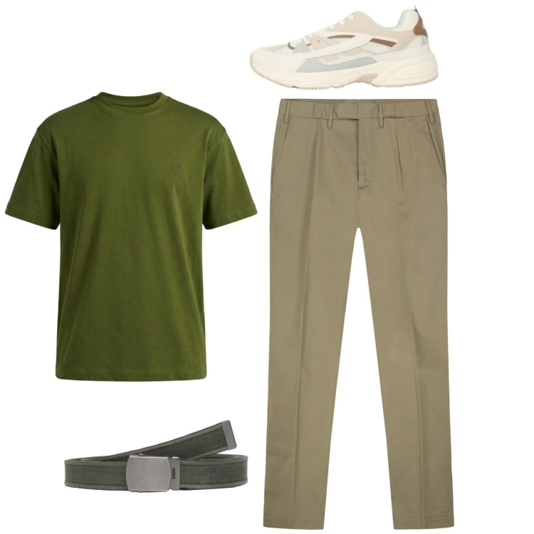 Outfit uomo - Total look. Stile Casual per Tutti i giorni. Abbinamento con cinture, sneakers, t-shirt, pantaloni.