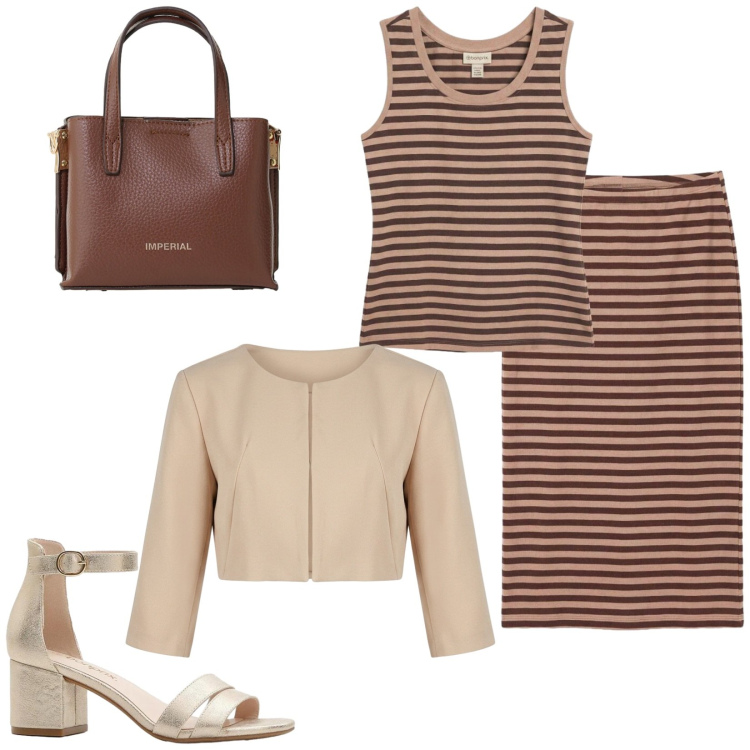 Outfit donna - Total look #2410446. Stile Casual chic per Tutti i giorni. Abbinamento con sandali col tacco, tute, bolero, borse a tracolla.