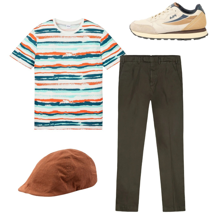 Outfit uomo - Total look. Stile Casual per Tutti i giorni. Abbinamento con t-shirt, sneakers, cappelli con visiera, pantaloni.