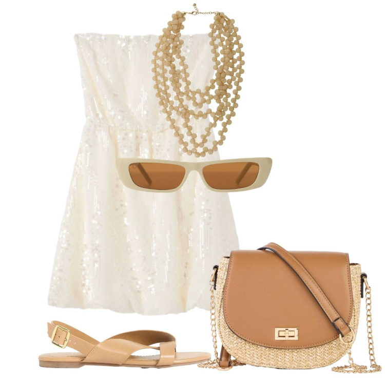 Outfit donna - Estate in libertà. Stile Glamour per Serata fuori. Abbinamento con borse a tracolla, sandali, vestiti corti, occhiali da sole, collane.