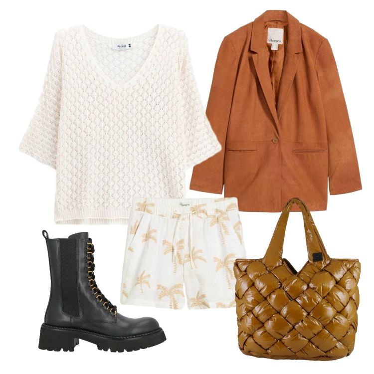 Outfit donna - Casual friday giugno. Stile Preppy per Ufficio. Abbinamento con anfibi, blazer, shorts, canottiere, borse tote.